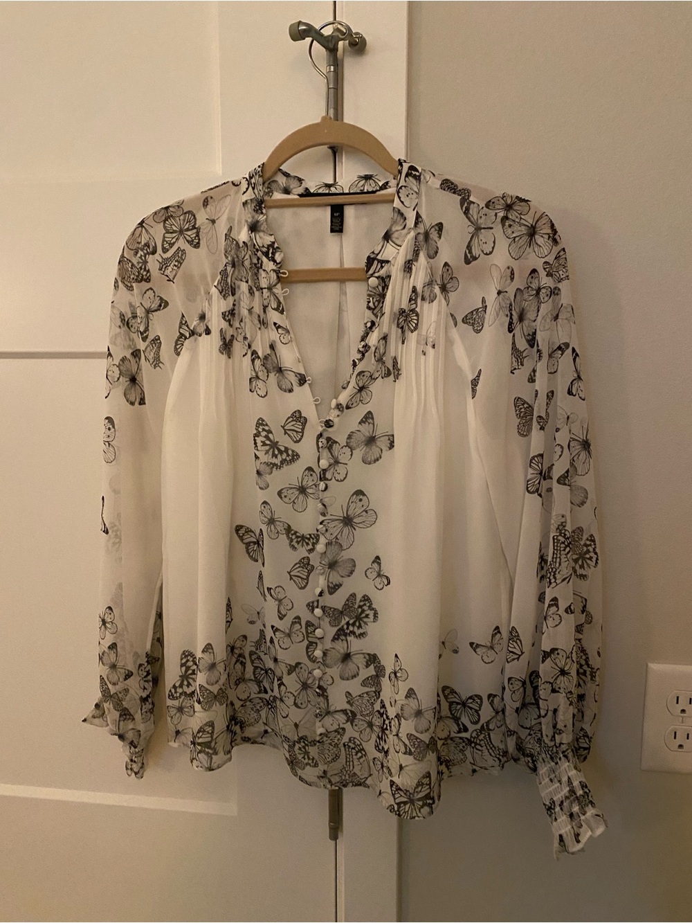 White House Black Market White Blouse with Black Butterfly Print/NWOT